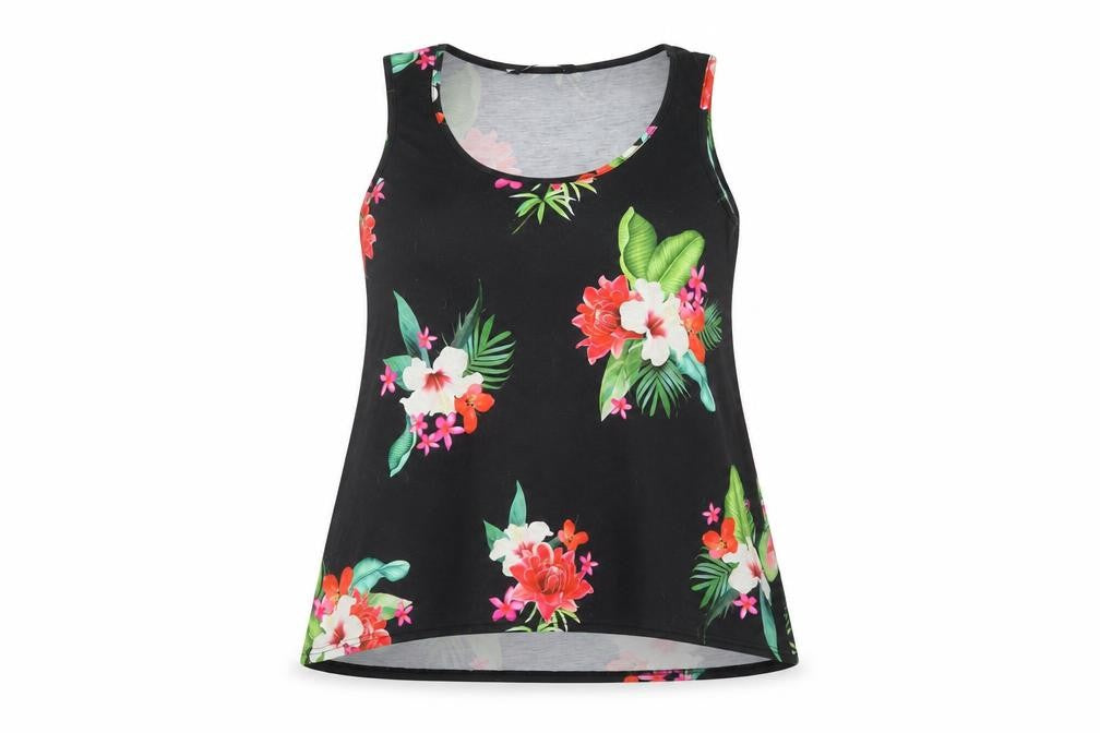 Front view of Capsule women’s black floral a-line, size UK 16