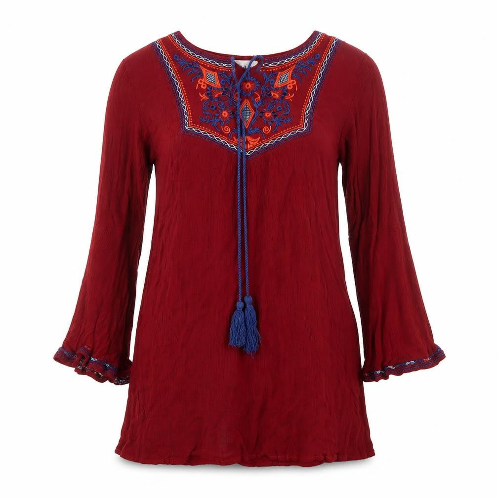 Front view of Kiss the Sky women’s red basic blouse, size XS