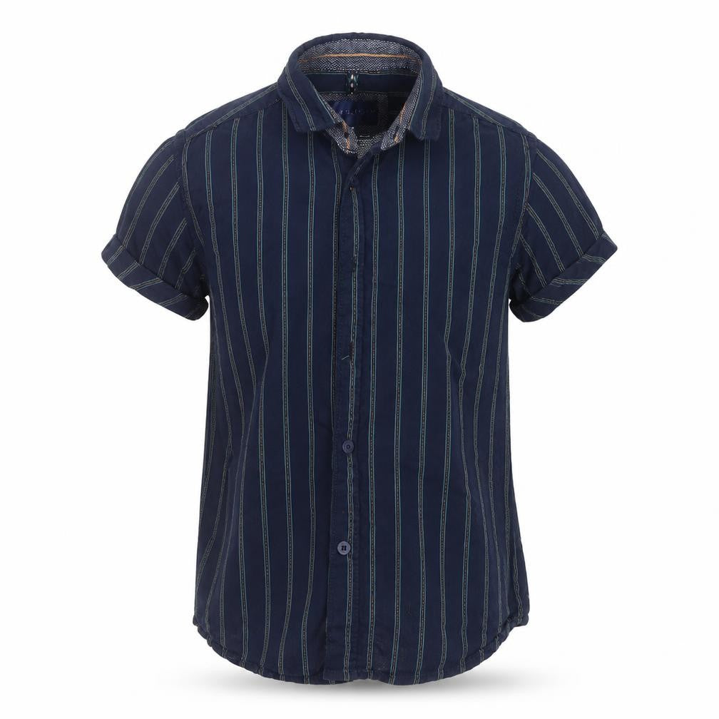 Front view of Steel & Jelly boys’ blue striped basic button-up, size 7-8, years