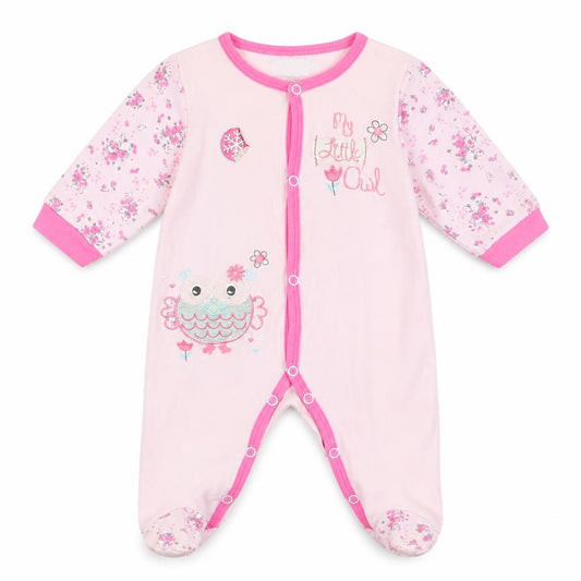 Front view of Pitter Patter girls’ pink geometric babydoll one piece, size 3-6, months