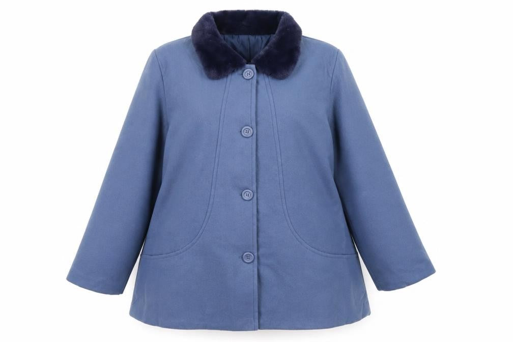 Front view of Gabrielle Vicenza women’s blue overcoat coat, size UK 20