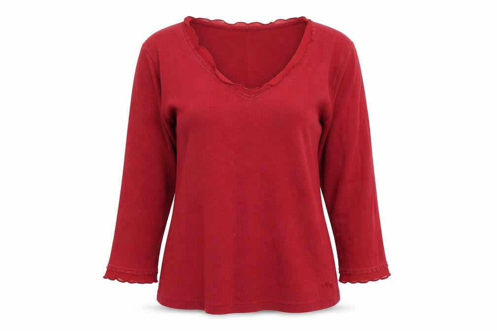 Front view of Per Una women’s red pullover sweatshirt, size UK 12