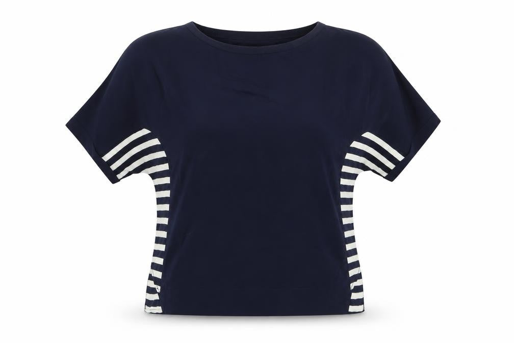 Front view of Oasis women’s blue striped basic t-shirt, size S