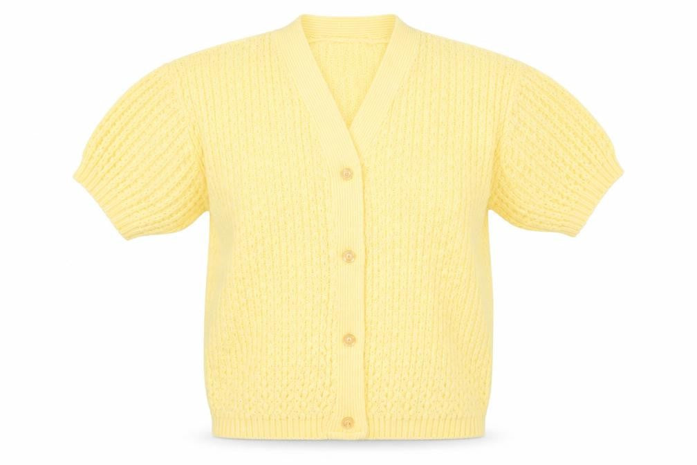 Front view of LK women’s yellow cardigan jumper, size S