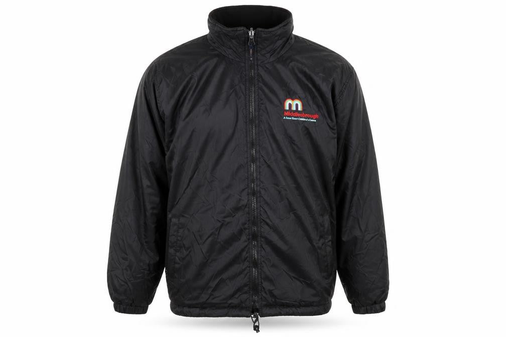 Front view of Uneek men’s black rain coat coat, size M