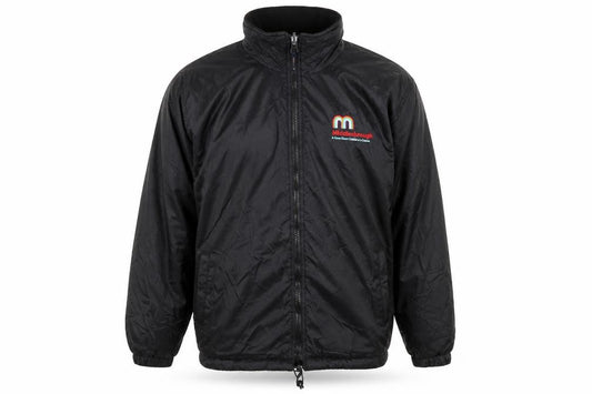 Front view of Uneek men’s black rain coat coat, size M