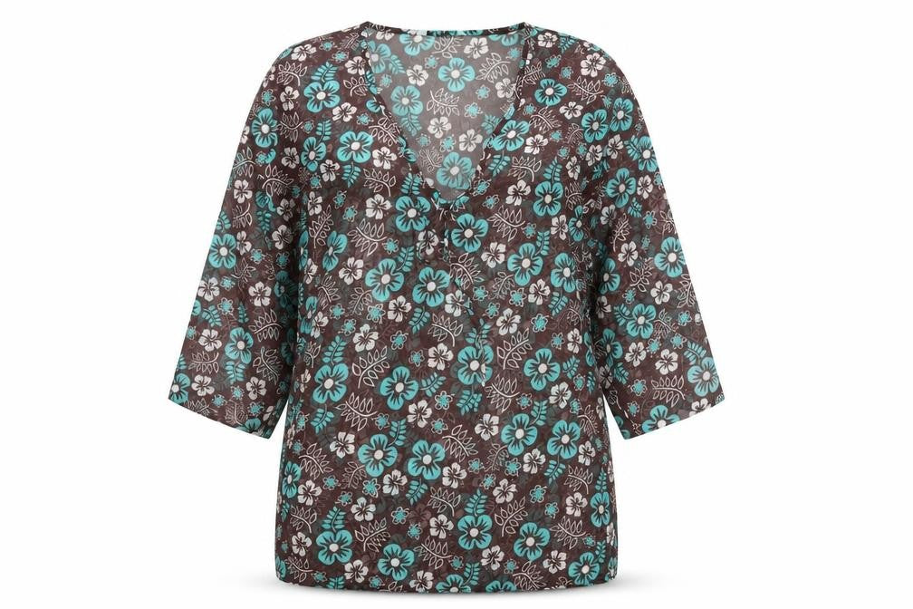 Front view of women’s brown floral kaftan, size UK 14