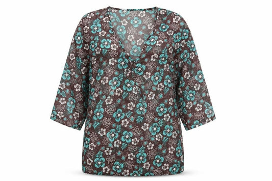 Front view of women’s brown floral kaftan, size UK 14