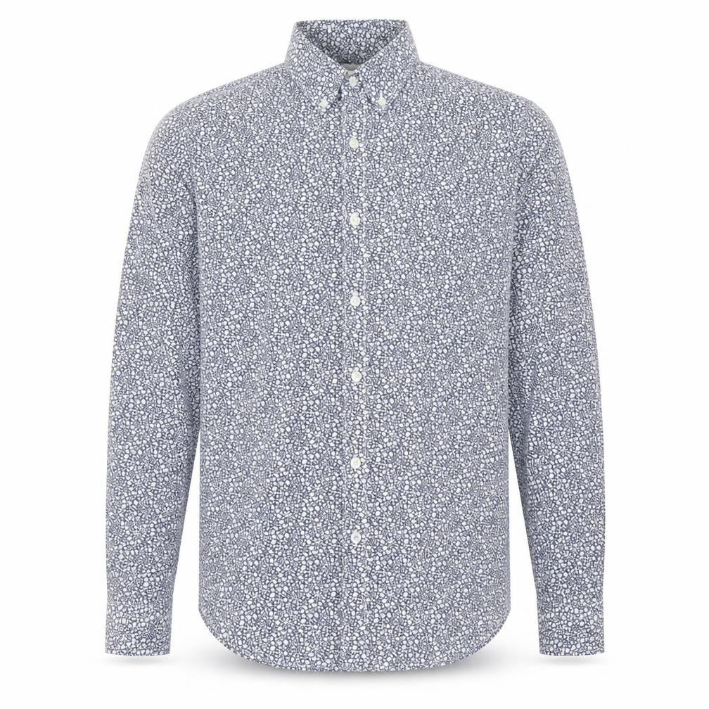 Front view of Gap men’s blue floral button-up, size S