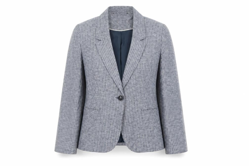 Front view of Bonmarché women’s blue striped jacket blazer, size UK 12
