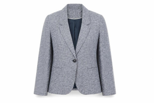 Front view of Bonmarché women’s blue striped jacket blazer, size UK 12