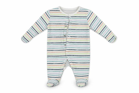 Front view of Tu boys’ white striped babygrow one-piece, size 0-3, months