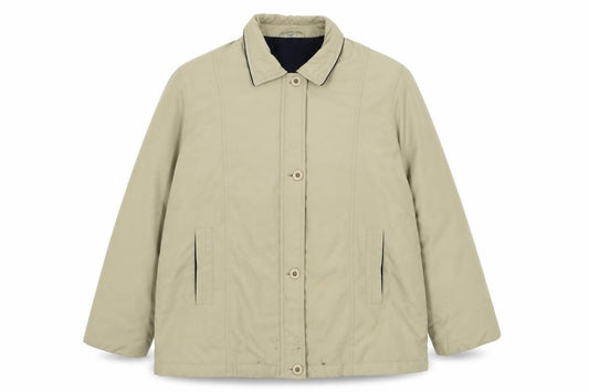 Front view of Preworn women’s beige jacket coat, size UK 20