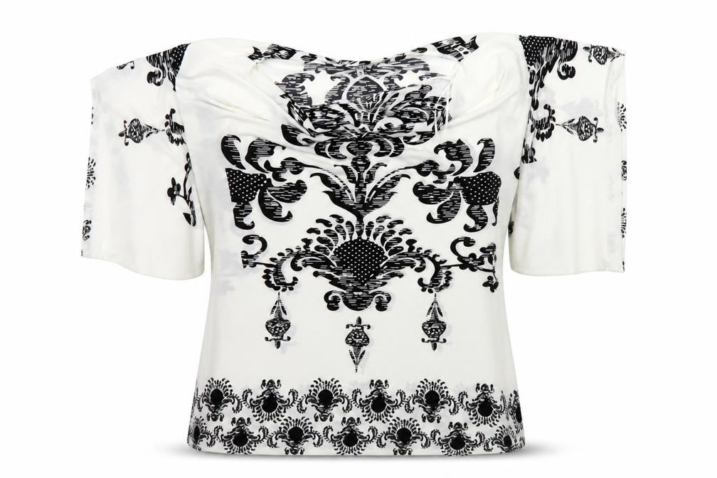 Front view of izabel women’s white geometric basic polo, size S