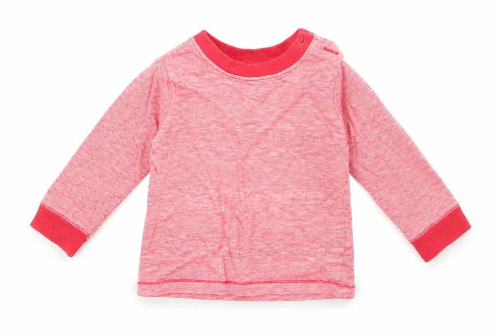 Front view of F&F boys’ red striped basic t-shirt, size 3-6, months