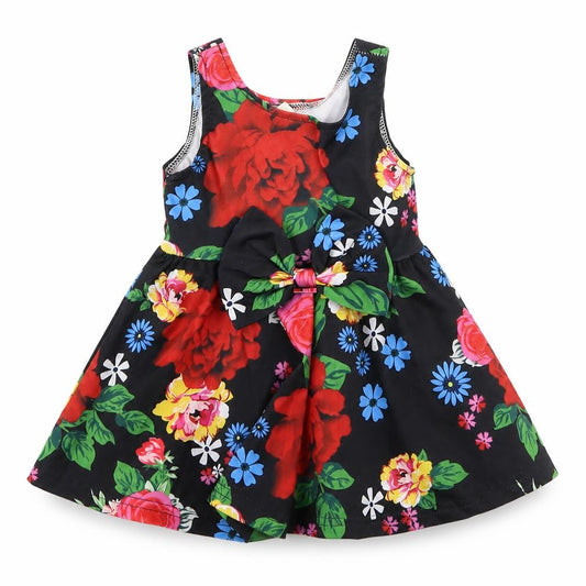 Front view of Prewoen girls’ black floral a-line, size 12, months