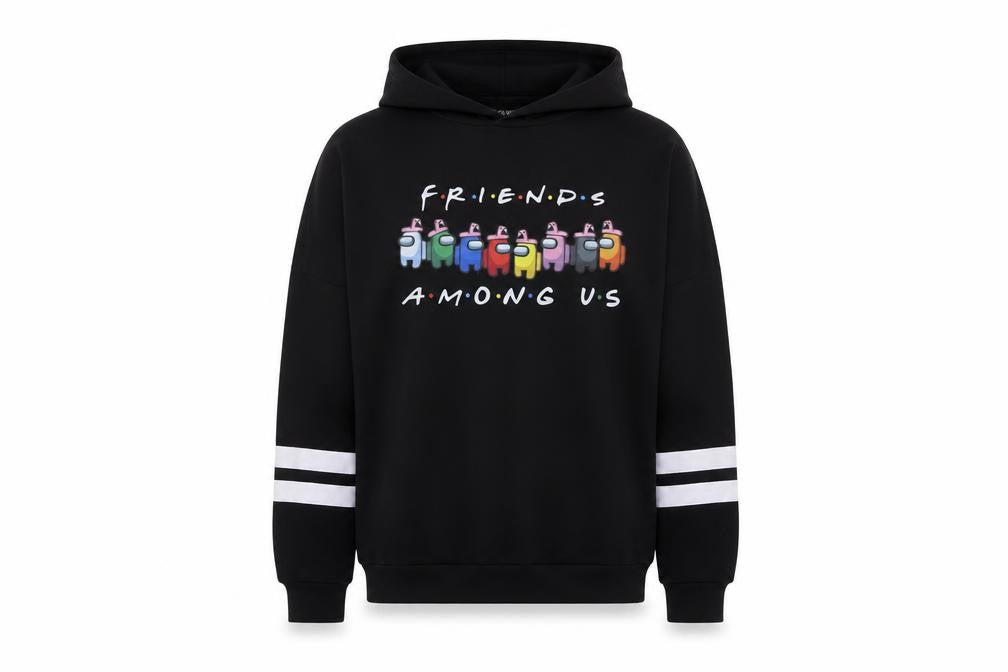 Front view of Fancyqube women’s black pullover hoodie, size S, - friends
