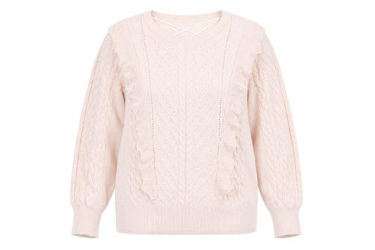 Front view of F&F women’s pink geometric jumper, size UK 10, - frilled front detail