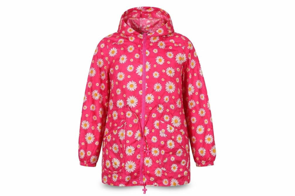 Front view of harvey & Jones women’s pink floral rain coat coat, size UK 12