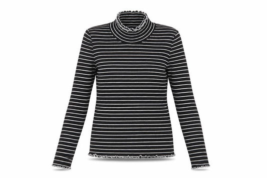 Front view of Essentials women’s black striped basic t-shirt, size UK 12