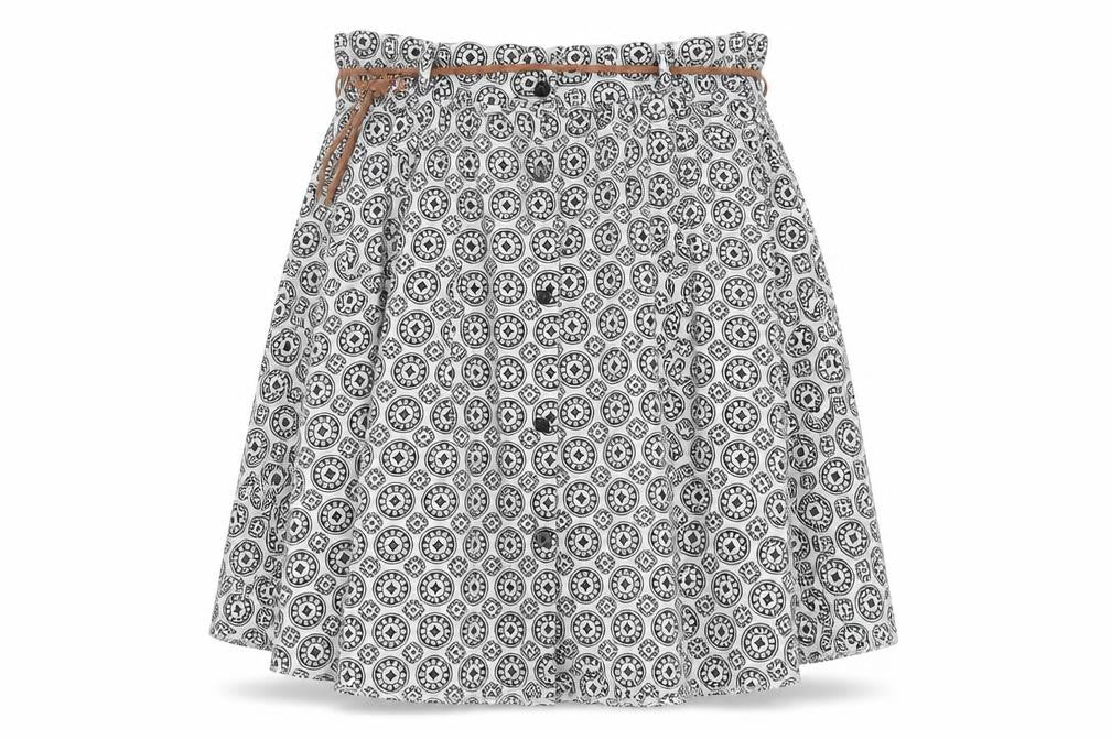 Front view of Atmosphere women’s multicoloured geometric a-line skirt, size UK 6