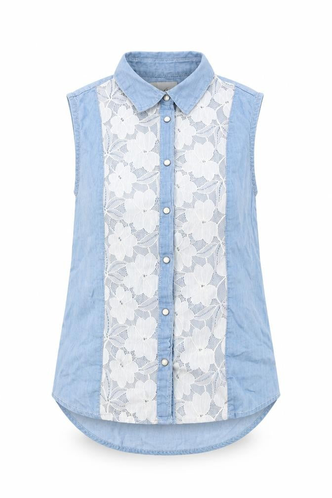 Front view of Denim Co. women’s blue denim basic button-up, size UK 10