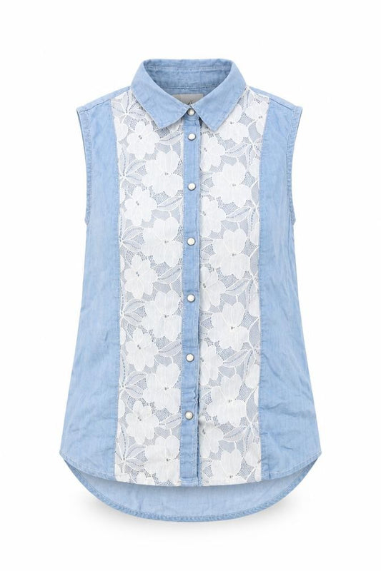 Front view of Denim Co. women’s blue denim basic button-up, size UK 10