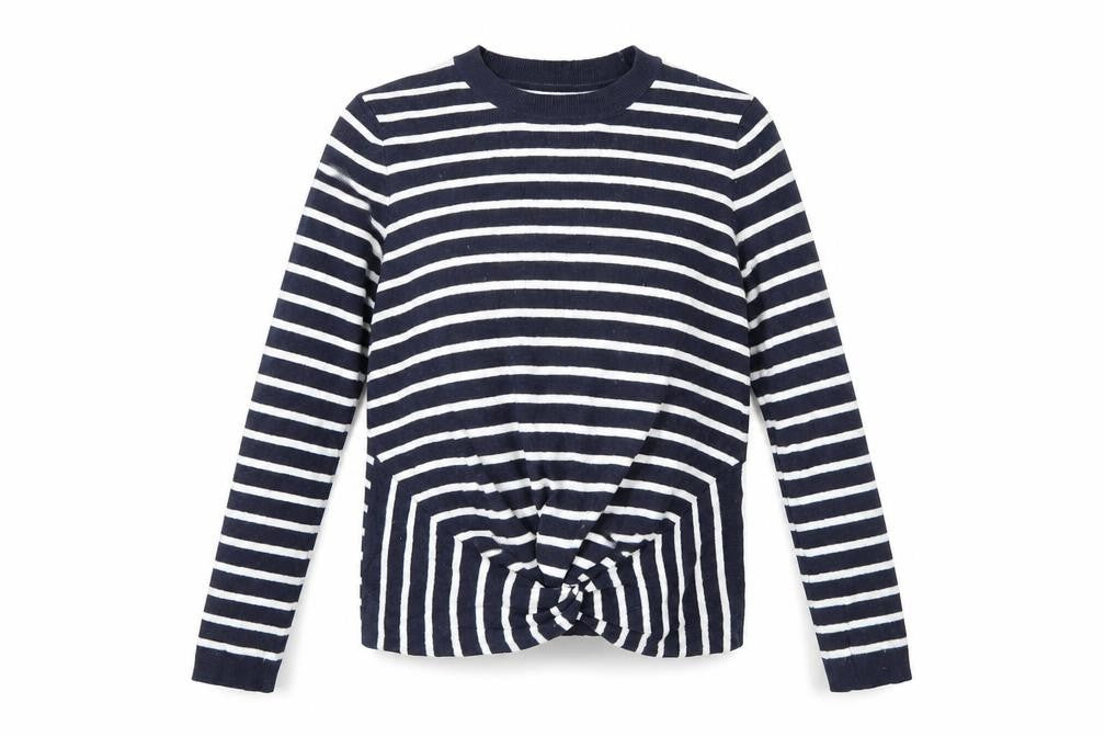 Front view of Warehouse women’s multicoloured striped jumper, size UK 10