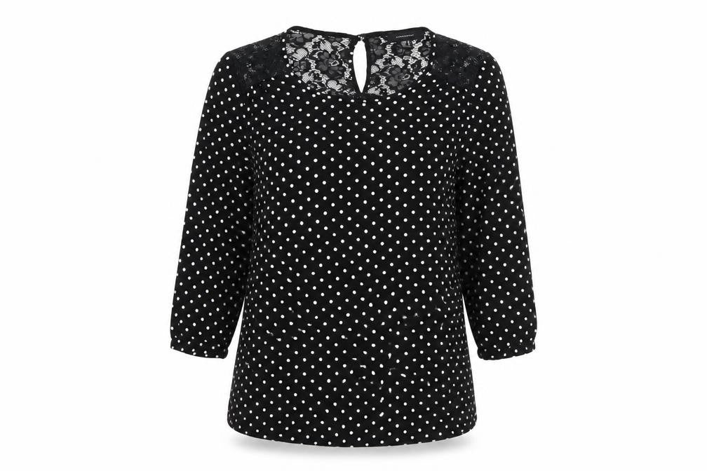 Front view of Atmosphere women’s black polka dot basic blouse, size UK 10