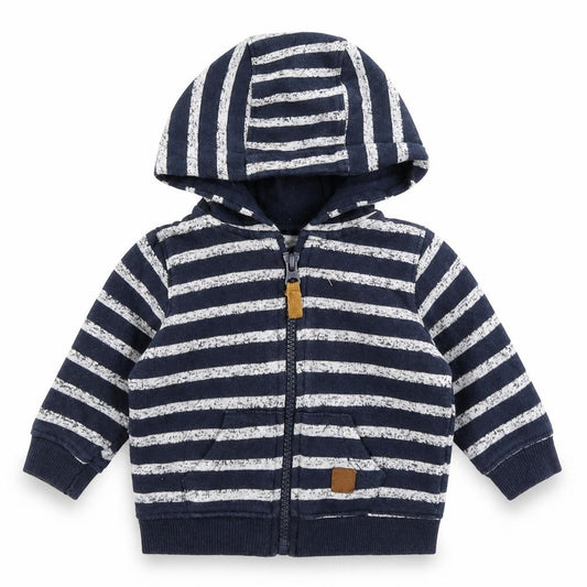 Front view of Lullaby boys’ blue striped jacket, size 0-3, months