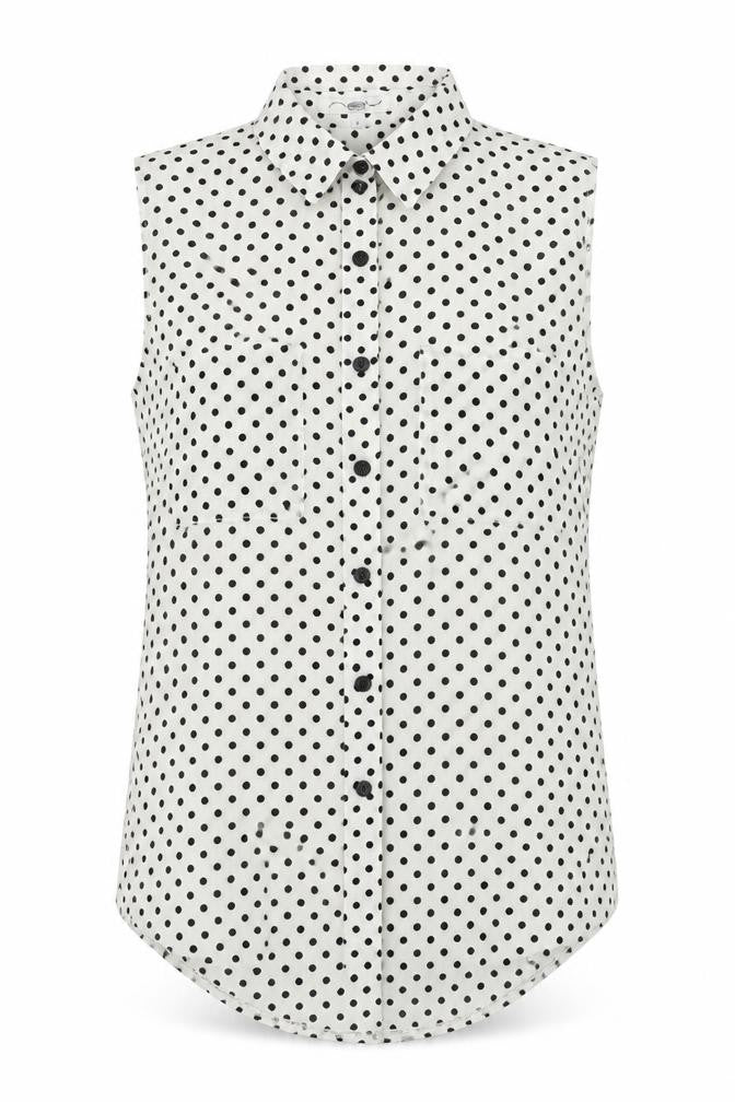 Front view of New Look women’s white polka dot basic button-up, size UK 8