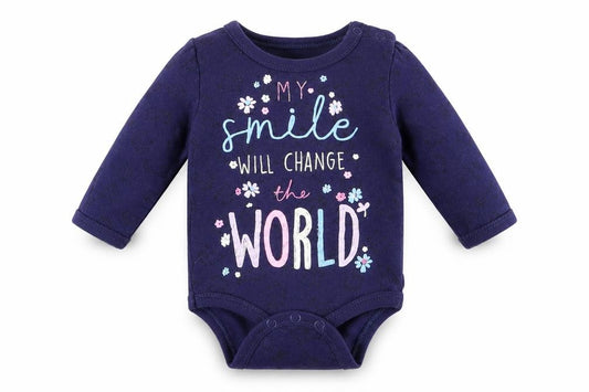Front view of so cute girls’ blue babygrow one-piece, size 0-3, months