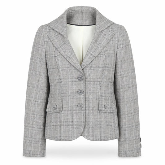 Front view of Next women’s grey plaid jacket suit, size UK 8
