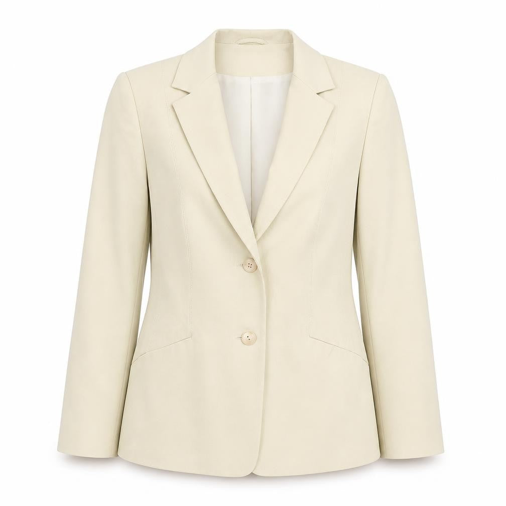 Front view of Preworn women’s beige jacket suit, size UK 14