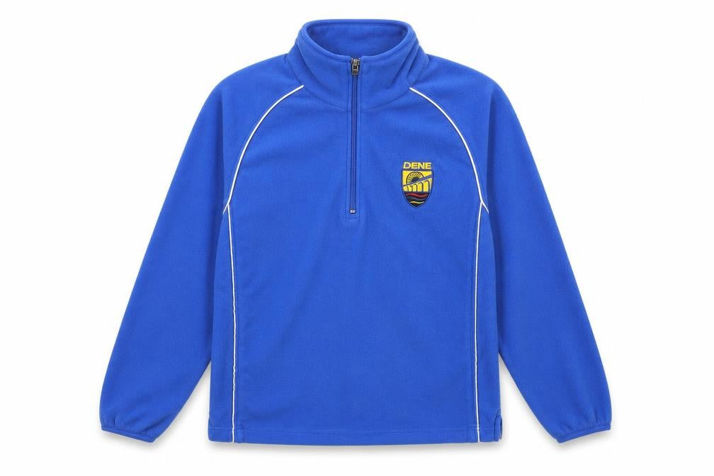 Front view of SWI women’s blue pullover sweatshirt, size UK 8