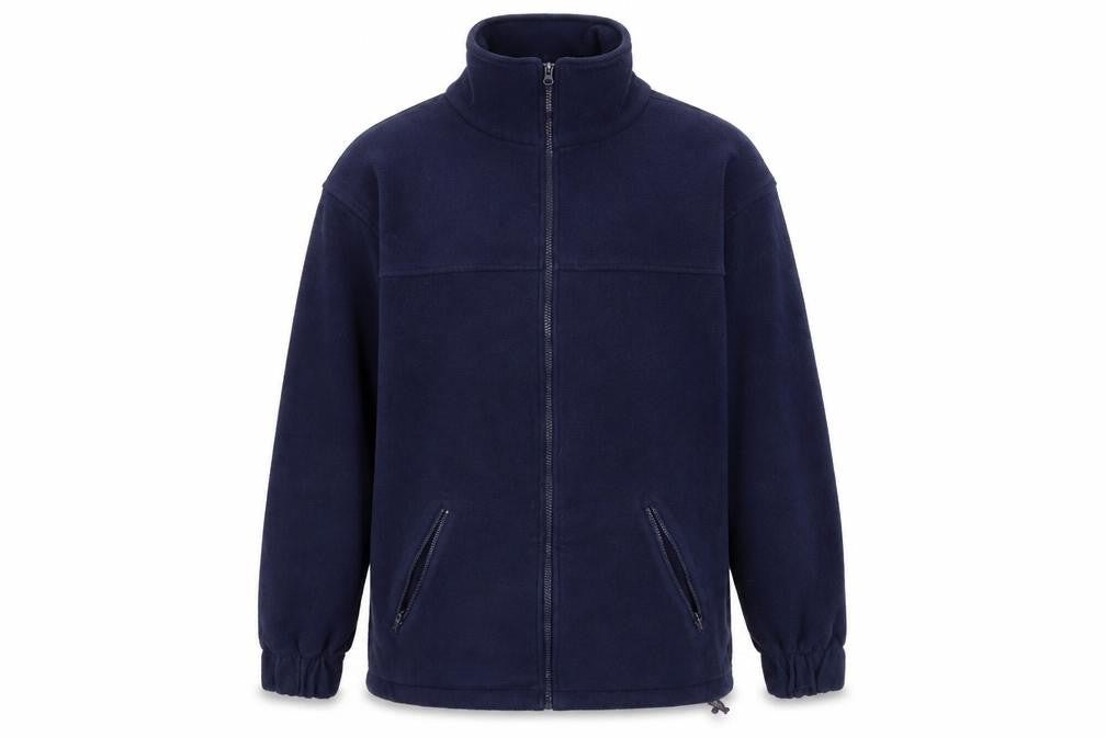 Front view of Arco Essentials men’s blue full zip jumper, size S