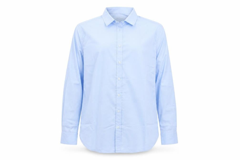 Front view of Kustom Kit men’s blue button-up, size XL