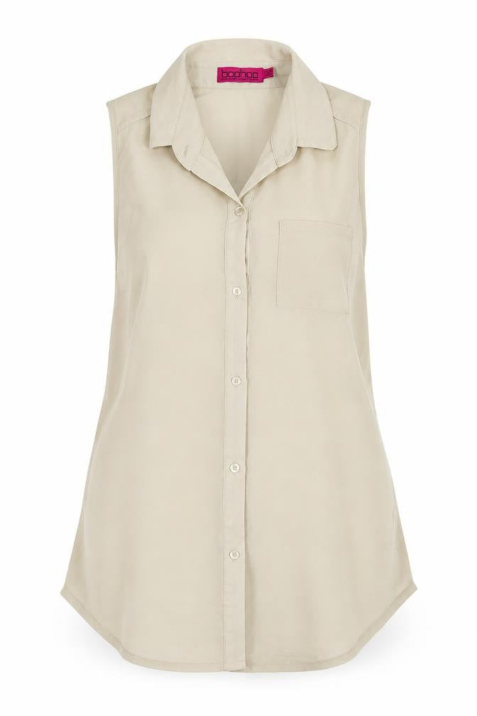 Front view of Boohoo women’s beige basic button-up, size UK 12