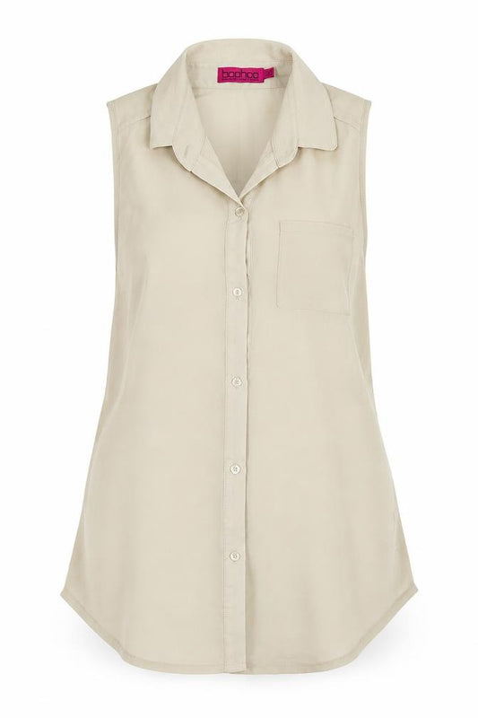 Front view of Boohoo women’s beige basic button-up, size UK 12