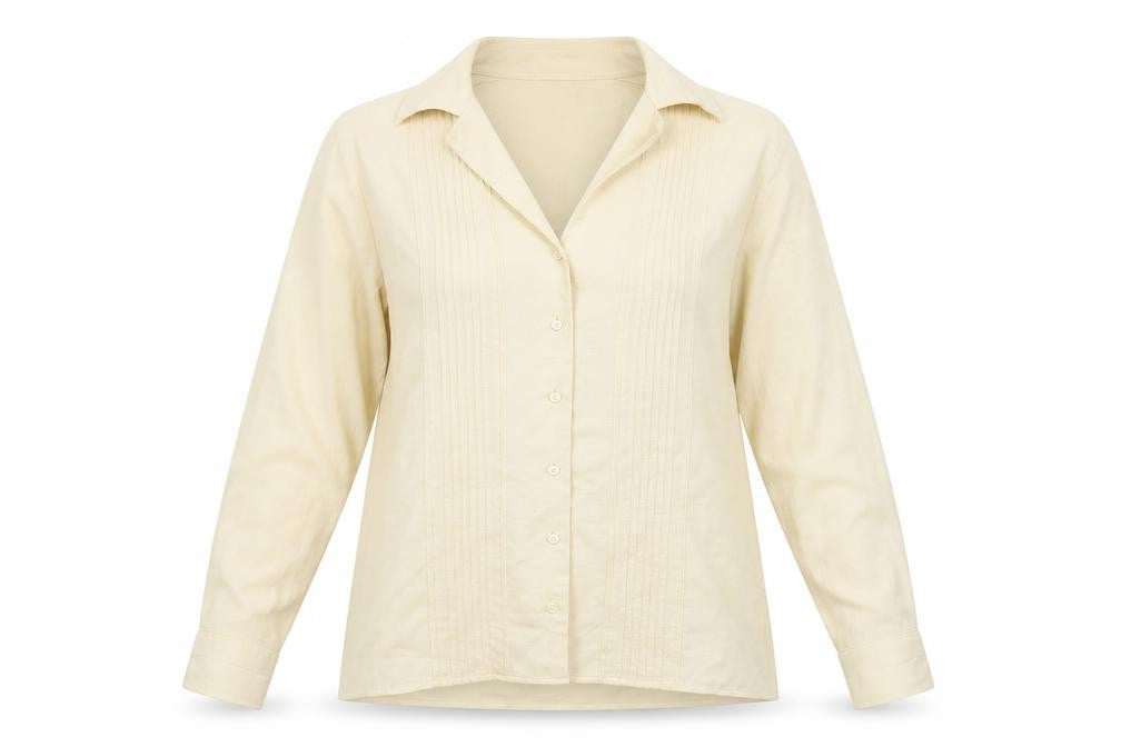 Front view of Marks & Spencer women’s beige basic button-up, size UK 12