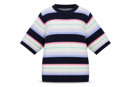 Front view of Marks & Spencer women’s multicoloured striped pullover sweatshirt, size UK 12