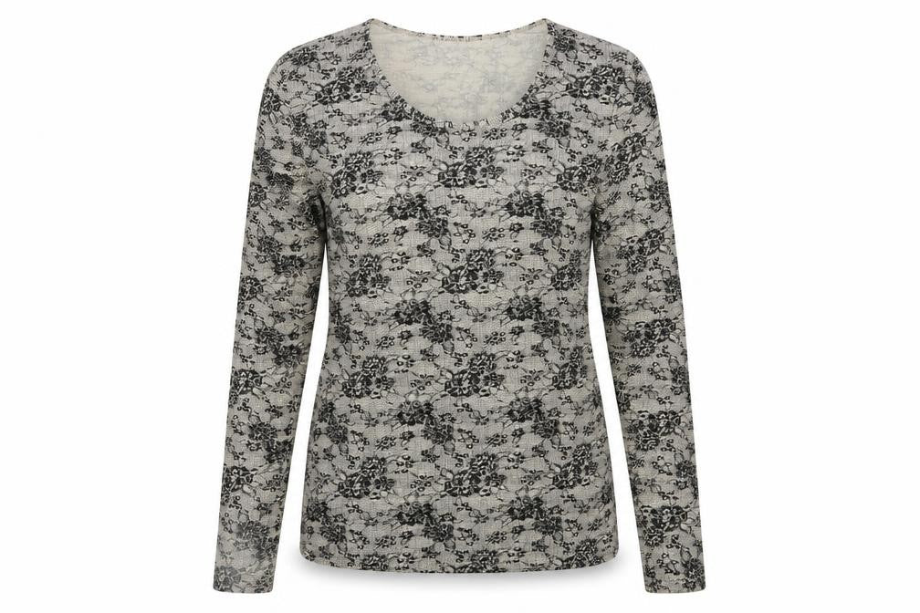 Front view of Charnos women’s beige geometric pullover sweatshirt, size M