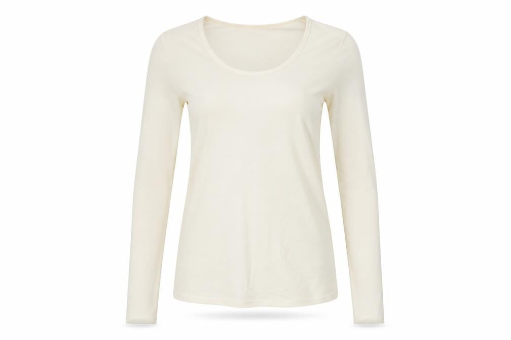 Front view of `charnos women’s white pullover sweatshirt, size M