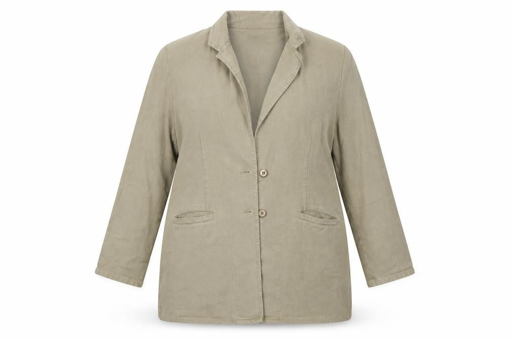 Front view of POH women’s green jacket, size UK 16