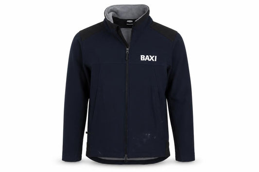 Front view of Russell men’s blue jacket, size S