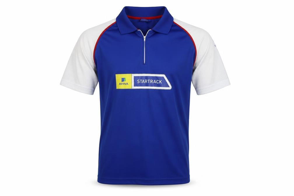 Front view of UKA Academy men’s blue colourblock basic polo, size M