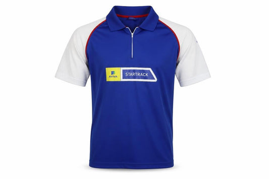 Front view of UKA Academy men’s blue colourblock basic polo, size M