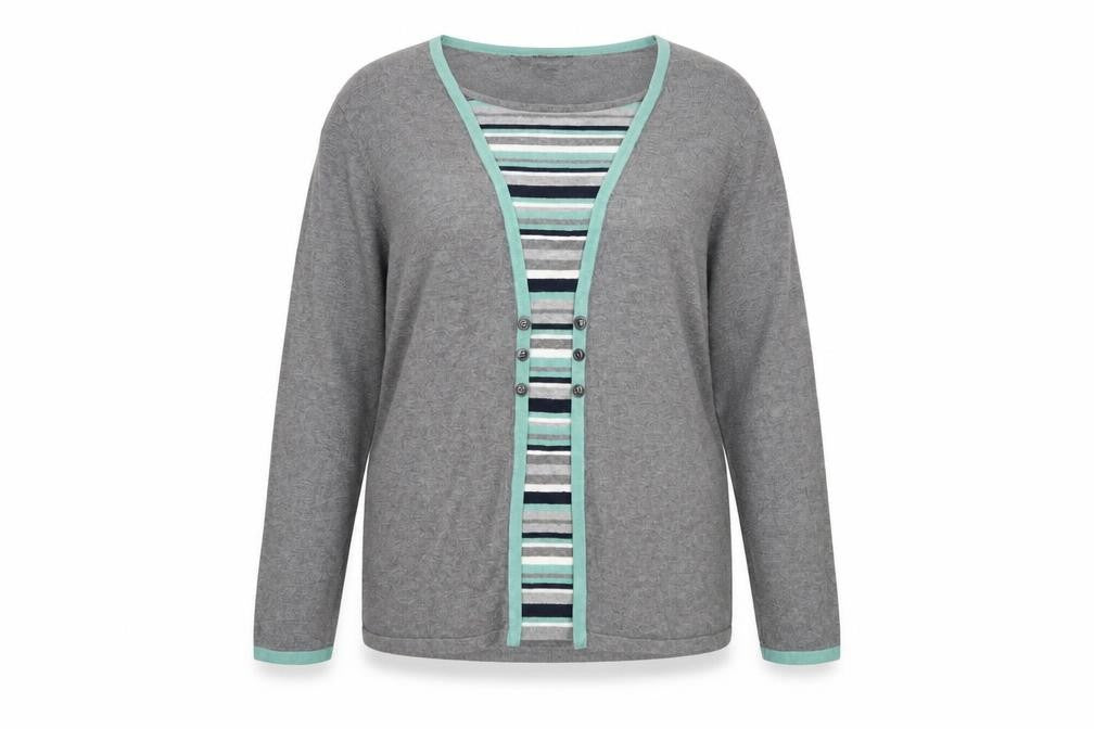 Front view of Bonmarché women’s multicoloured striped jumper, size UK 16