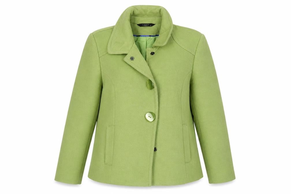 Front view of Bonmarché women’s green overcoat coat, size UK 14