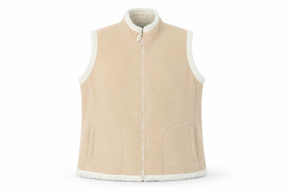 Front view of EWM women’s beige full zip jumper, size L